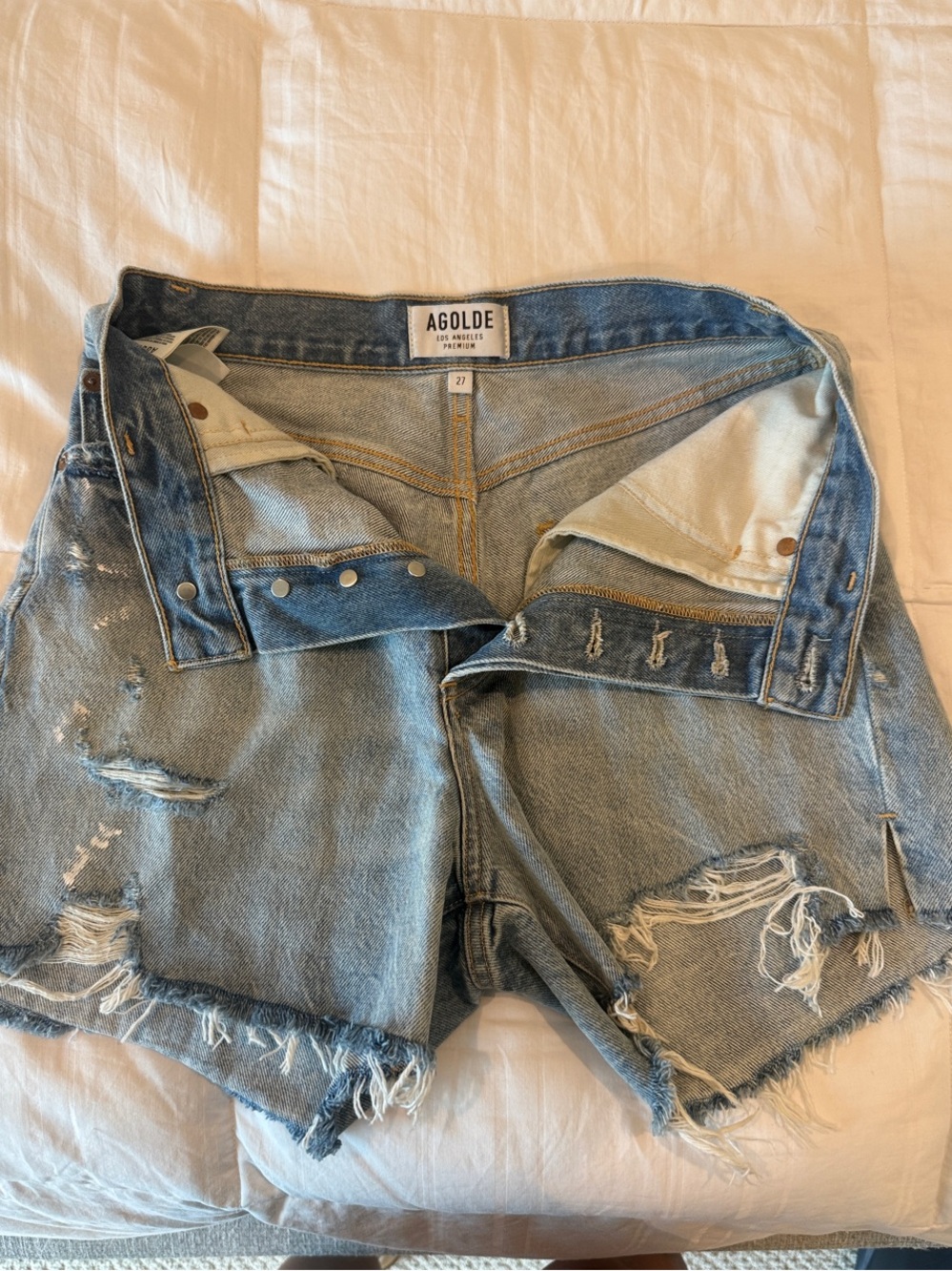 Agolde Light Blue Distressed Cutoff Denim Shorts